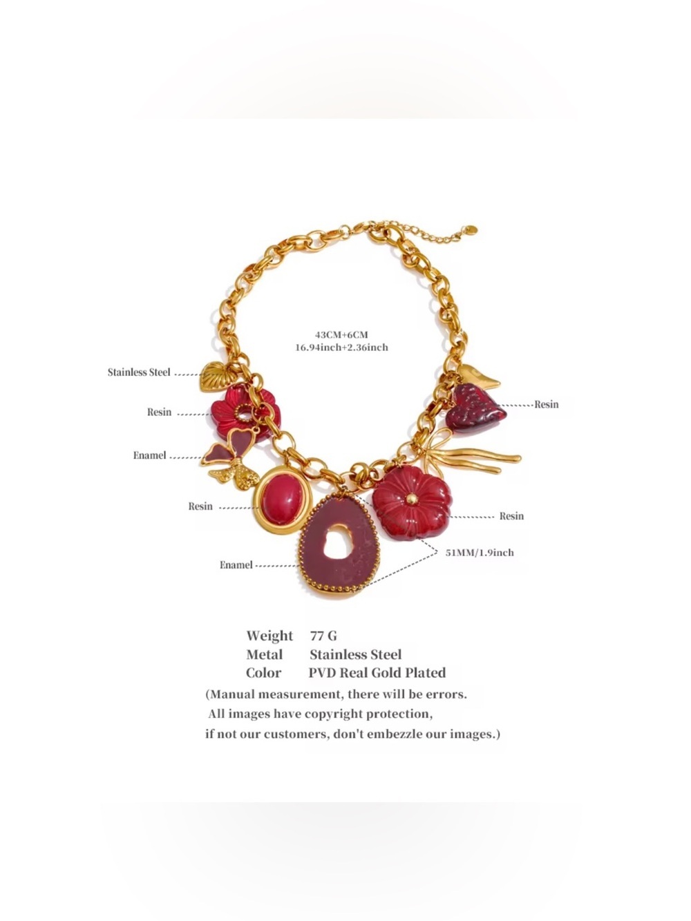 Burgundy Charm Statement Necklace | Gold Plated Chunky Chain | Necklace - Picture 7 of 7